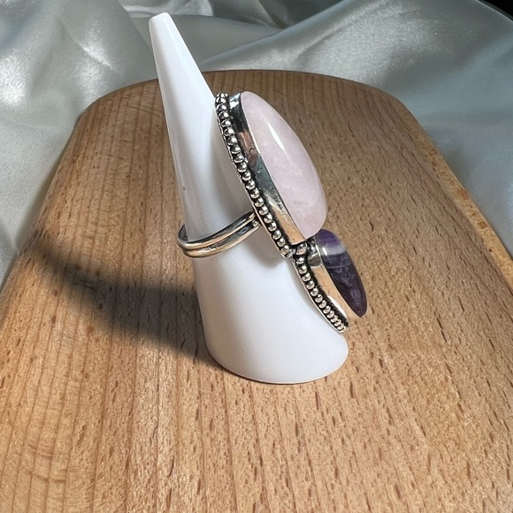 Rose Quartz & Amethyst 925 Double Ring Size 6.75 - Picture 5 of 7